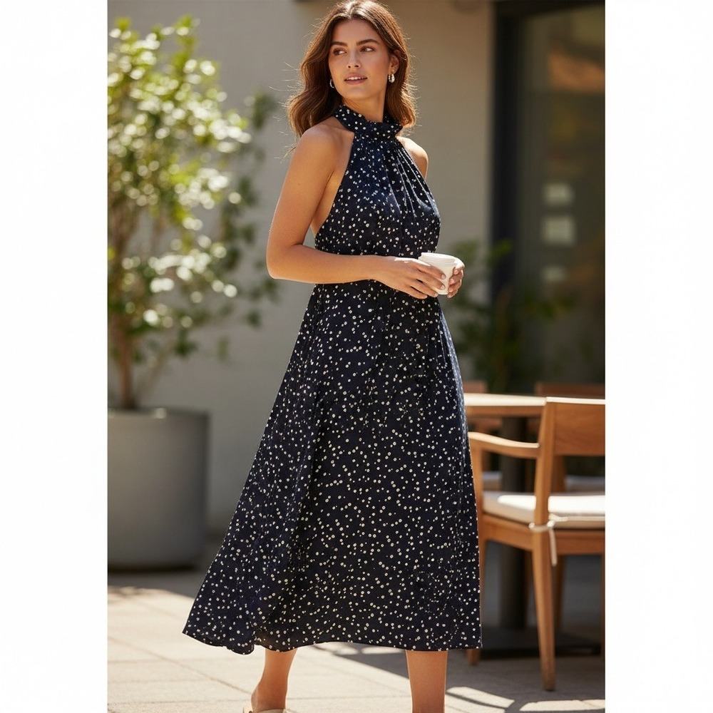 American Living Navy White Polka Dot Halter Midi Dress Size 12